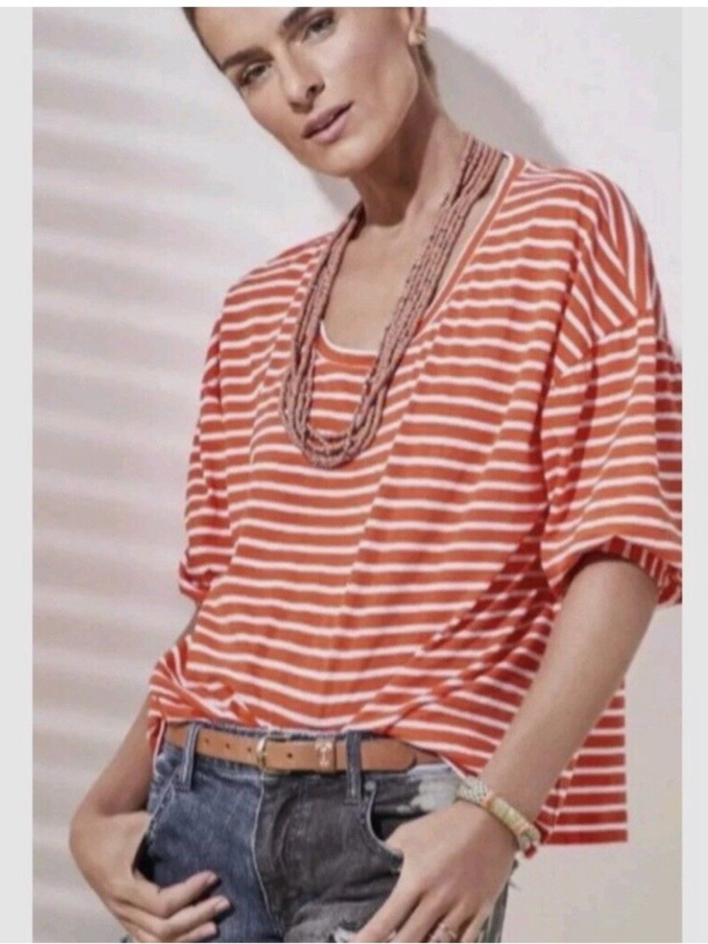 CAbi Stripe Scoop-Neck Tee in Coral/Orange and White
